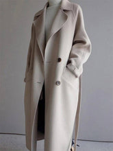 Aurohaya Long Double-Breasted Wool-Look Coat Elegant Women’s Belted Trench Jacket with Pockets
